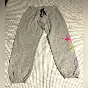 Med - PINK Sweat Pants Light Gray with Rainbow PINK down right leg - Gently Used